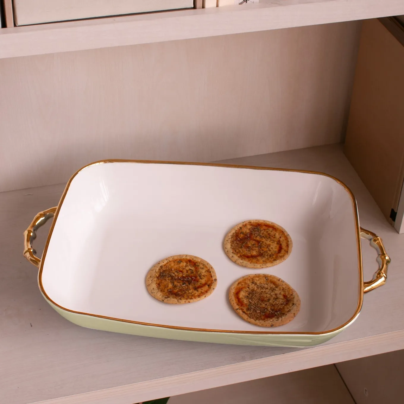 CERAMIC Bambu Rectangular Casserole Pistachio & White SECONDS - NON RE