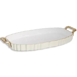 ENCANTO Vintage Fluted Oval Tray with Handles Cream and White