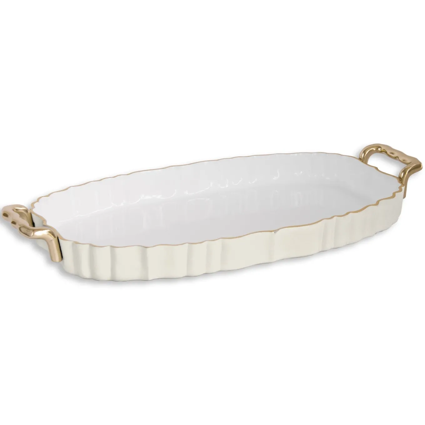 ENCANTO Vintage Fluted Oval Tray with Handles Cream and White