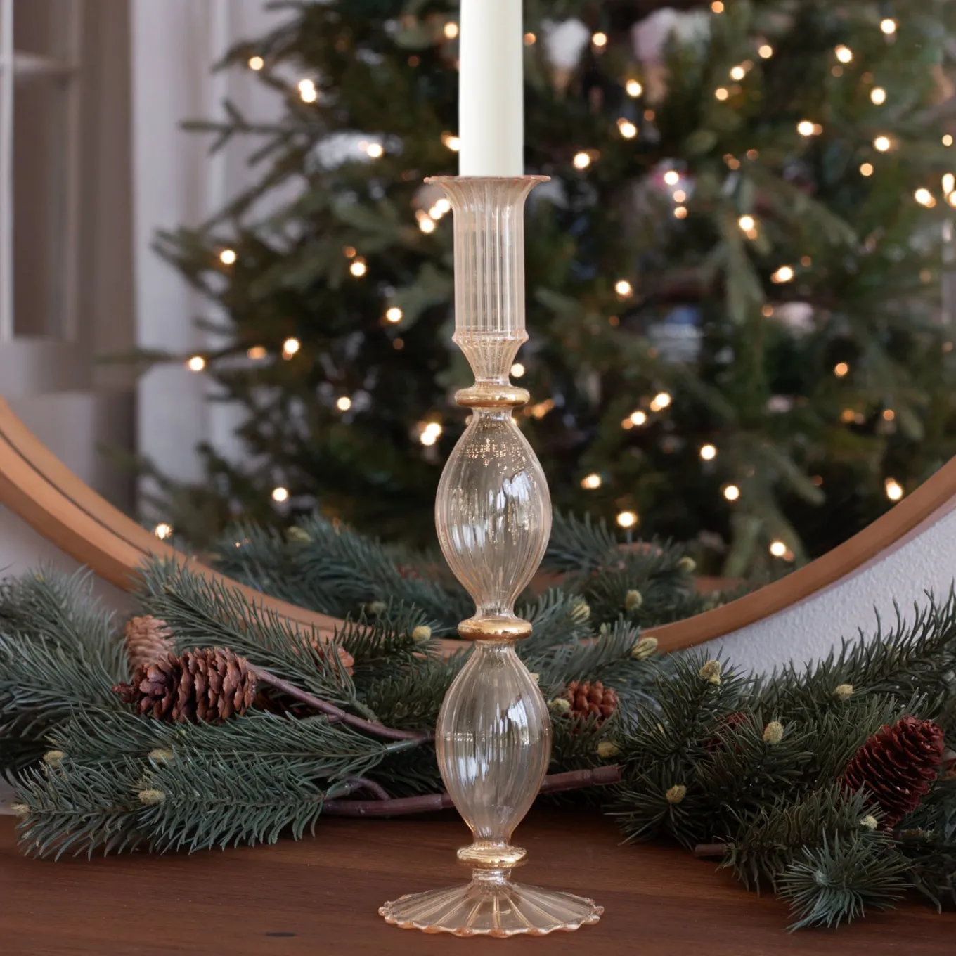 GLASS Cambridge Beryl 10" Candlestick Holder Set of 2 (Champagne and G