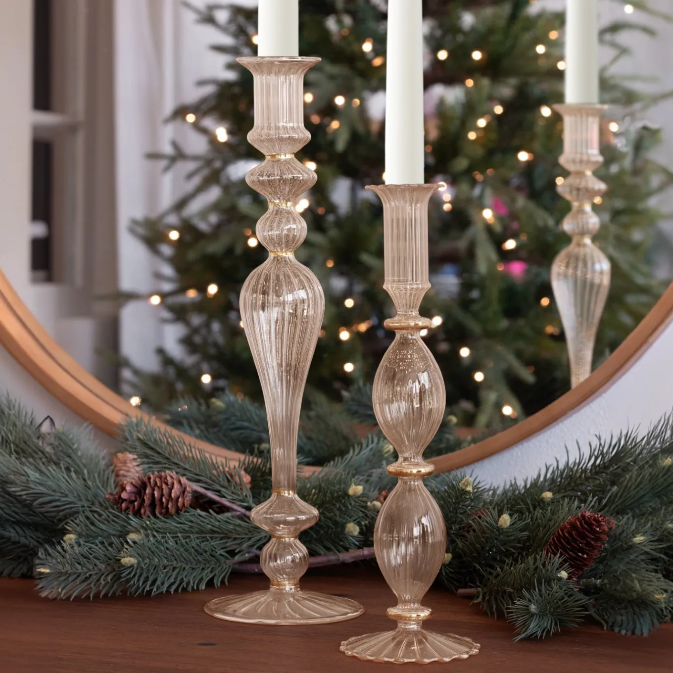 GLASS Cambridge Beryl 10" Candlestick Holder Set of 2 (Champagne and G