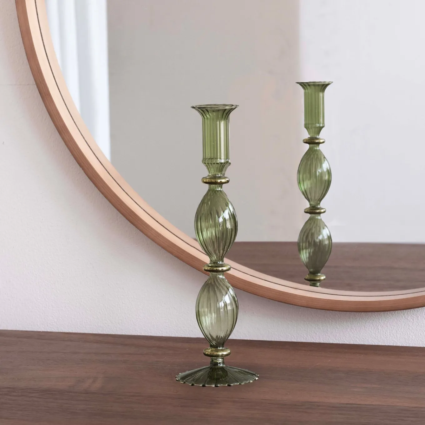 GLASS Cambridge Beryl 10" Candlestick Holder Set of 2 (Green and Gold)