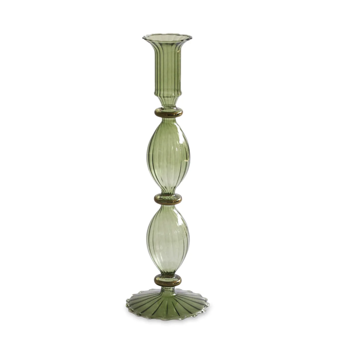 GLASS Cambridge Beryl 10" Candlestick Holder Set of 2 (Green and Gold)