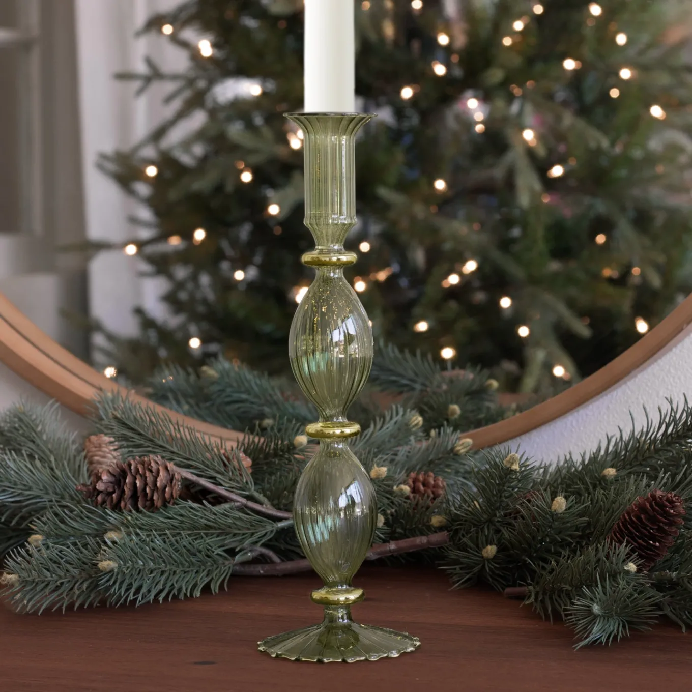 GLASS Cambridge Beryl 10" Candlestick Holder Set of 2 (Green and Gold)