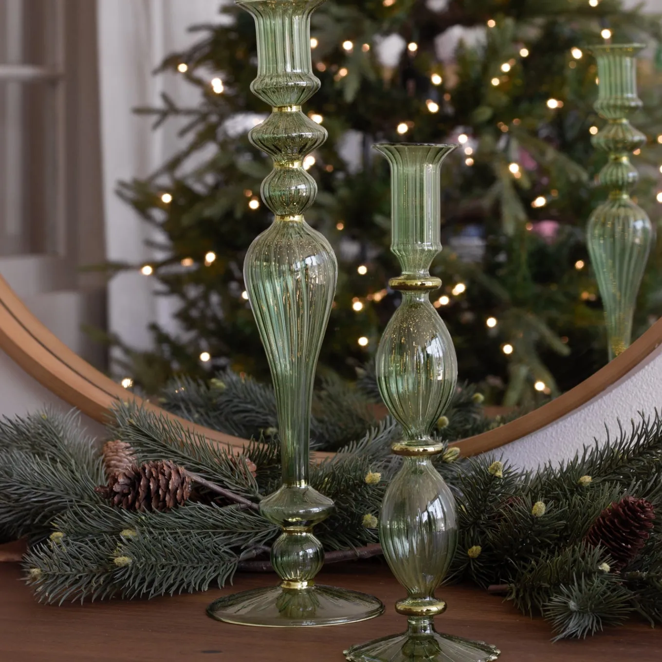 GLASS Cambridge Beryl 10" Candlestick Holder Set of 2 (Green and Gold)