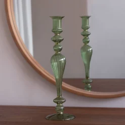 GLASS Cambridge Josephine 13.5" Candleholder set of 2 (Green and Gold)
