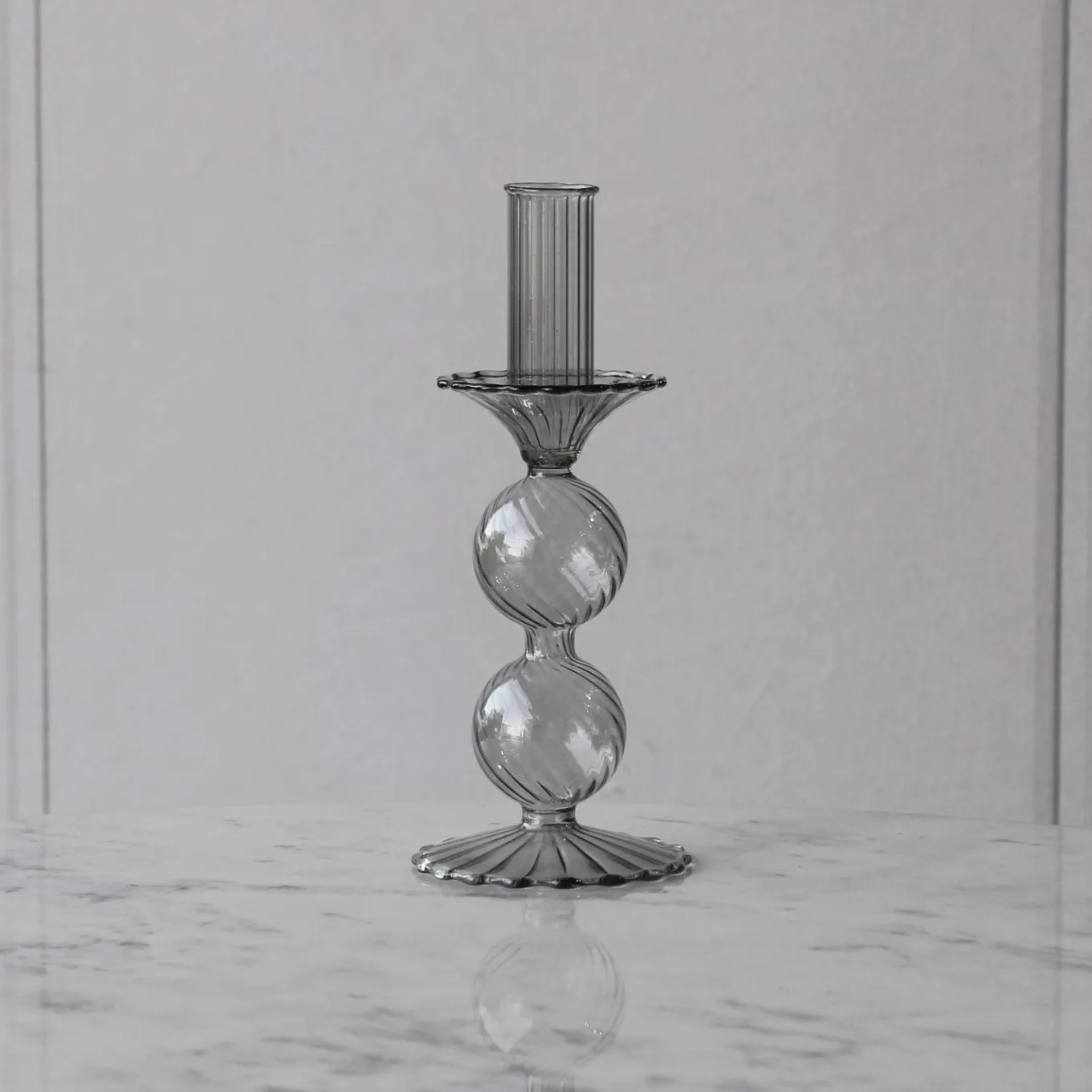 GLASS Cambridge Lucille 2 Ball Candlestick Holder Set of 2 (Light Gray