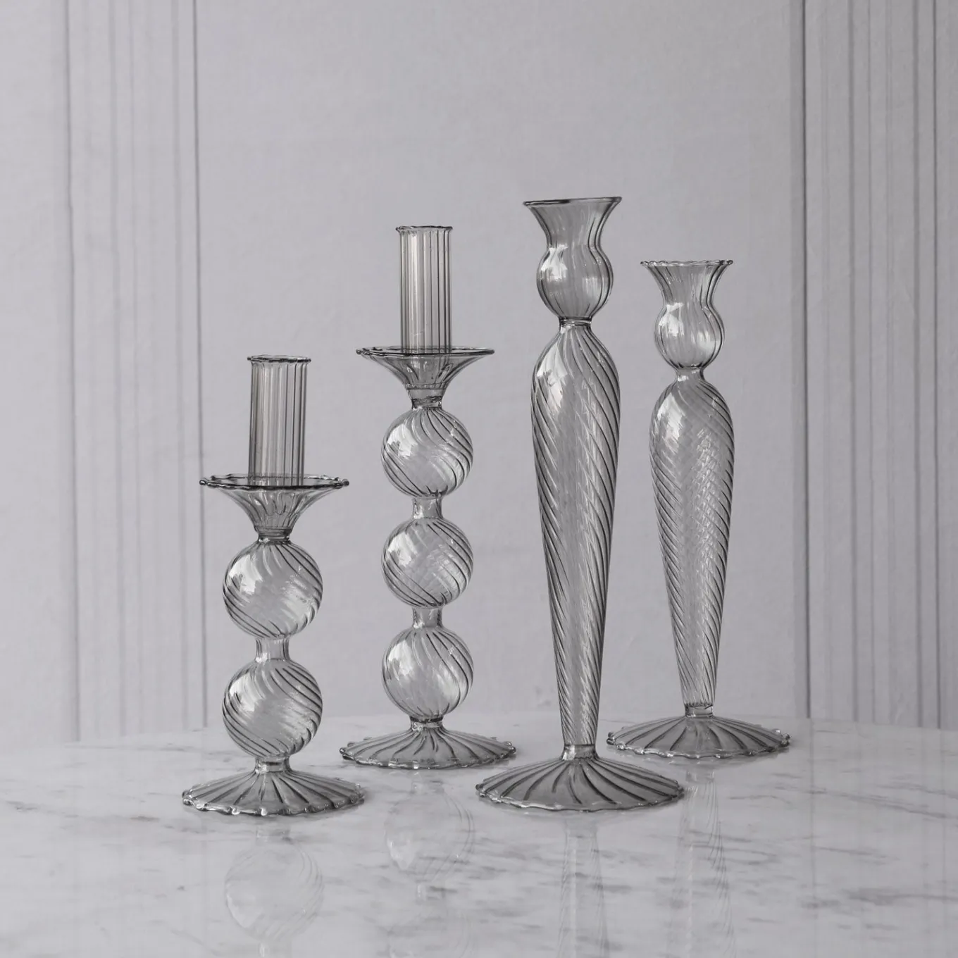 GLASS Cambridge Lucille 2 Ball Candlestick Holder Set of 2 (Light Gray