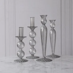 GLASS Cambridge Lucille 3 Ball Candlestick Holder Set of 2 (Light Gray