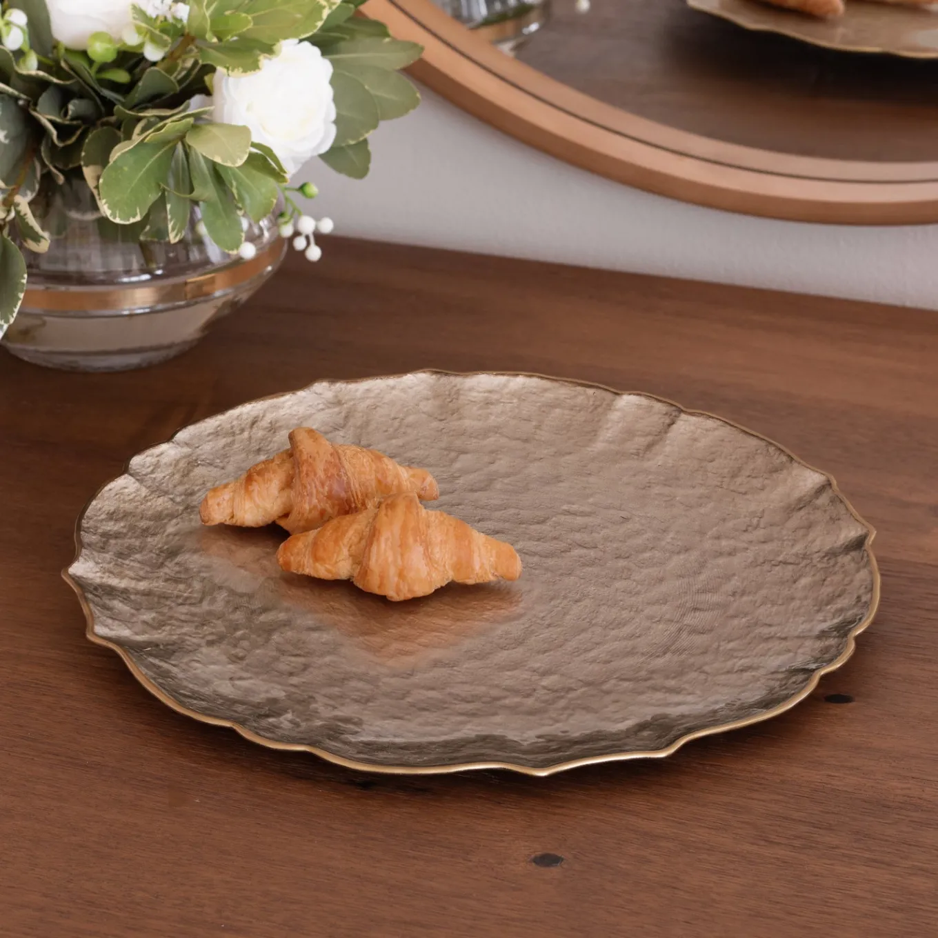 GLASS Large Round Platter or Charger (Taupe and Gold)