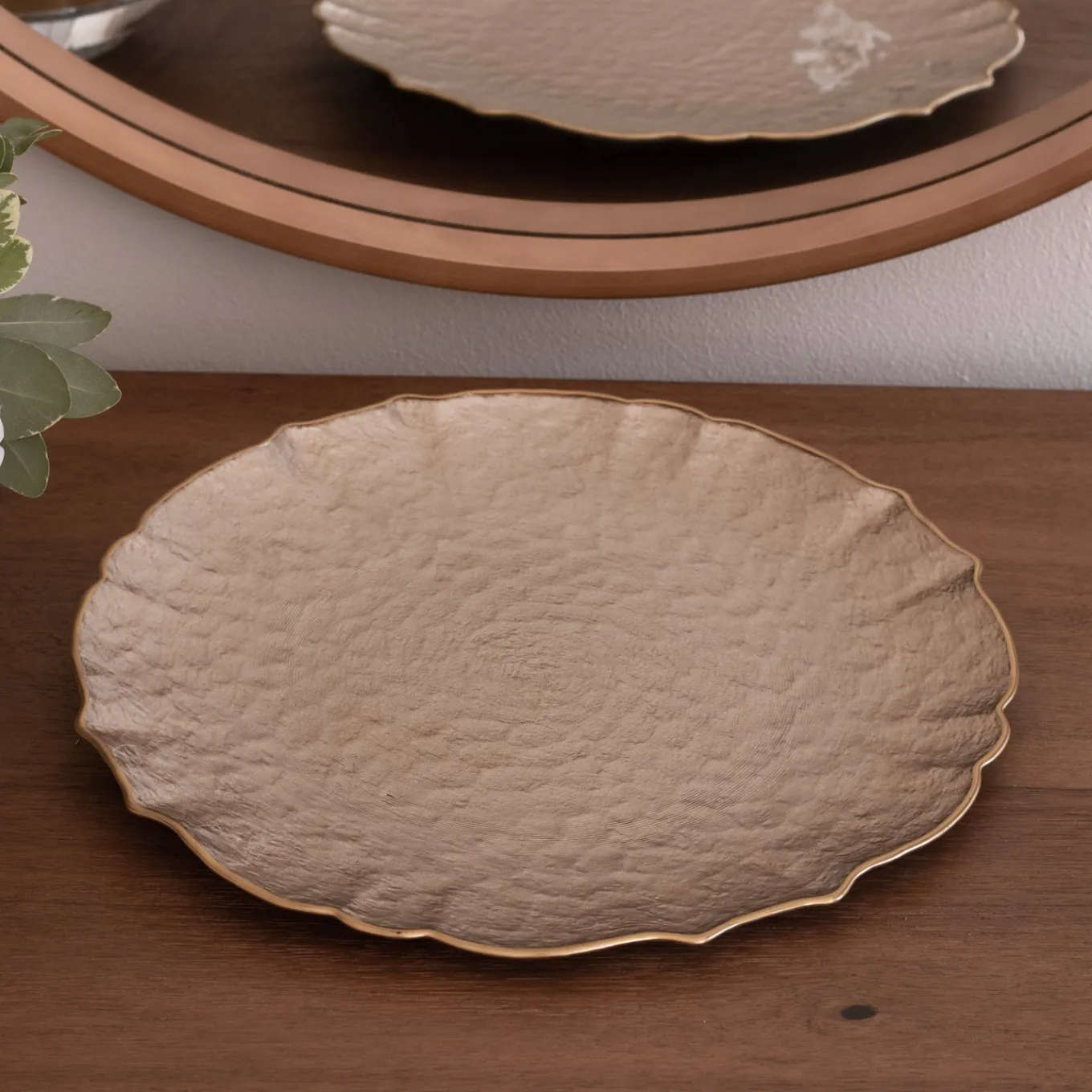 GLASS Large Round Platter or Charger (Taupe and Gold)