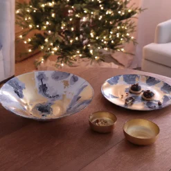 GLASS New Orleans Shallow Round Foil Leafing Bowl Set of 2 (Gold)