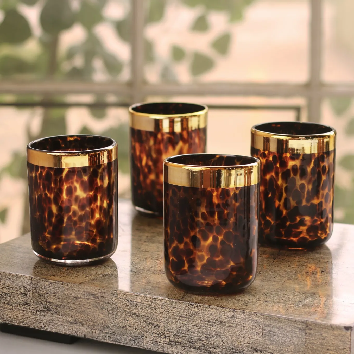 GLASS Tortoise and Gold Tumbler Set of 4