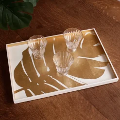 INDOCHINE Large Lacquered PhilodendronTray White and Gold