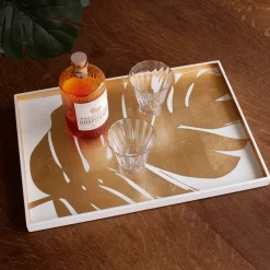 INDOCHINE Large Lacquered PhilodendronTray White and Gold