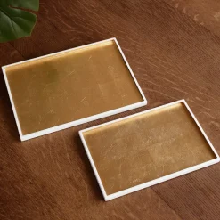 INDOCHINE Rectangle Lacquered Trays Set of 2 White and Gold