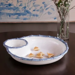 VIDA Bamboo Large Chip and Dip Bowl (White and Blue)