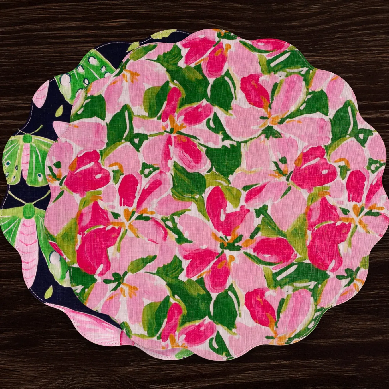 VIDA Butterflies & Flowers Reversible Round Placemats Set of 4 (Pink &