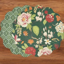 VIDA Cabbage Roses and Trellis Reversible Round Placemats Set of 4 Gre