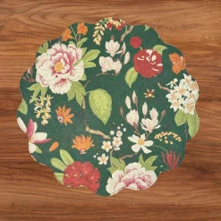 VIDA Cabbage Roses and Trellis Reversible Round Placemats Set of 4 Gre