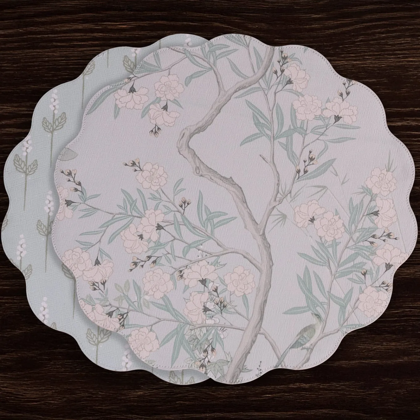 VIDA Chinoiserie Reversible Round Placemats Set of 4 Light Teal & Whit