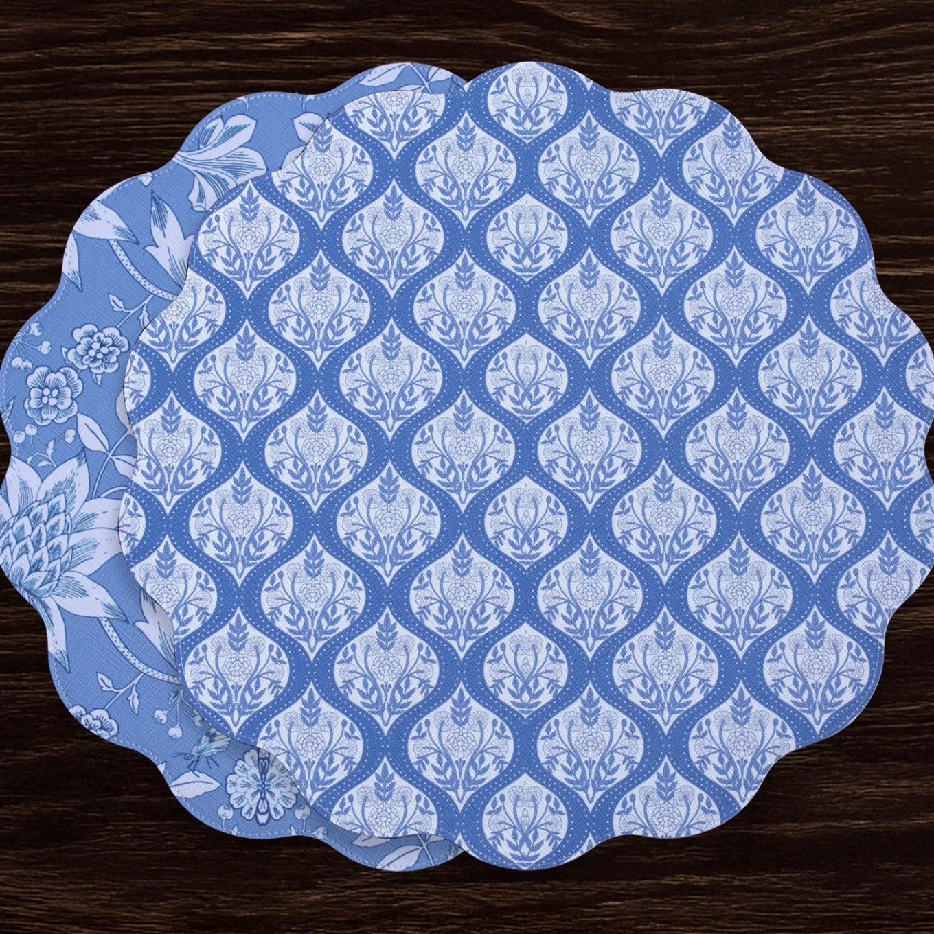 VIDA Flowers & Pattern Reversible Round Placemats Set of 4 (Blue & Whi