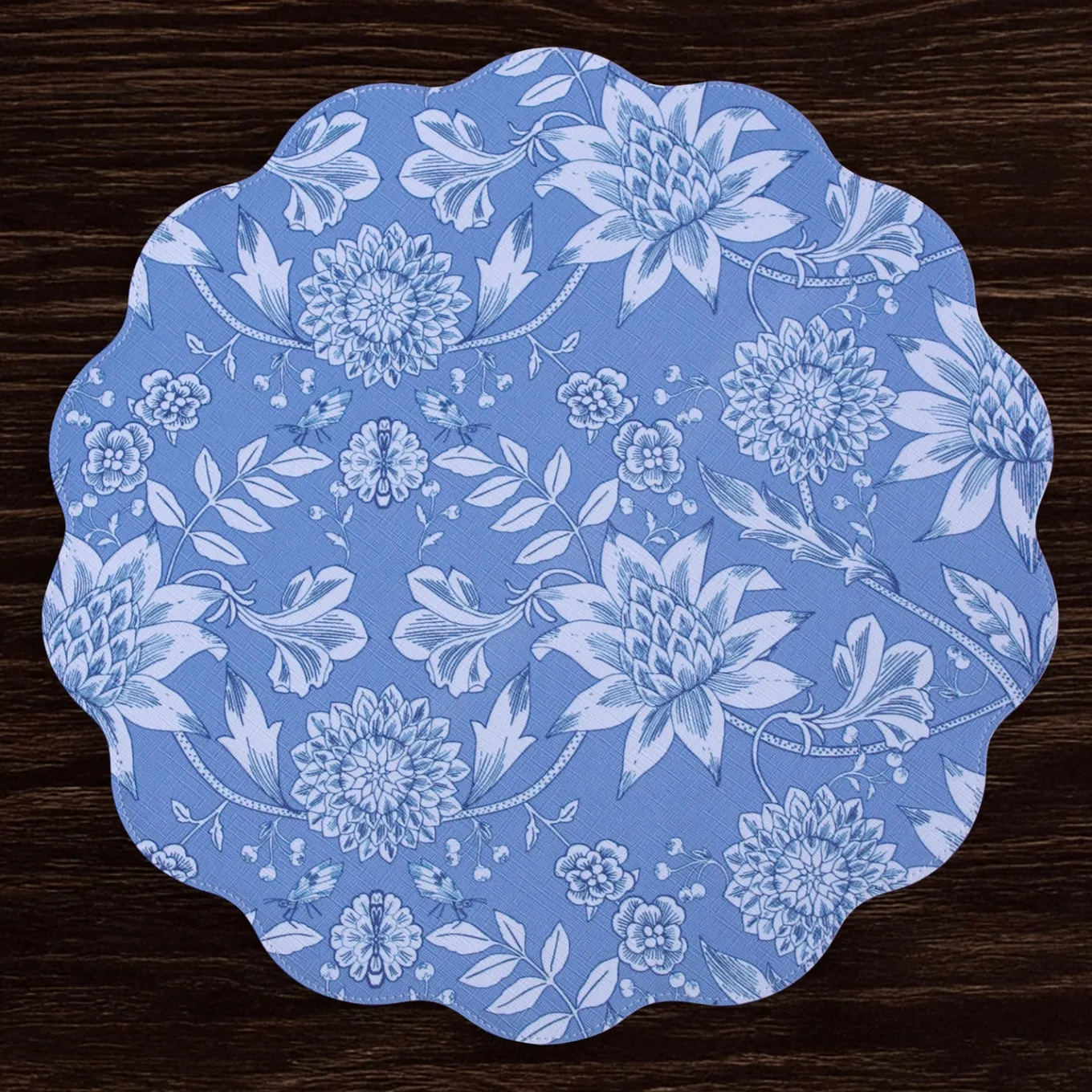 VIDA Flowers & Pattern Reversible Round Placemats Set of 4 (Blue & Whi