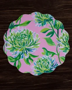 VIDA Hydrangeas & Daisies Reversible Round Placemats Set of 4 Pink & G