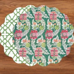 VIDA Laurent and Trellis Reversible Round Placemats Set of 4 Green & W