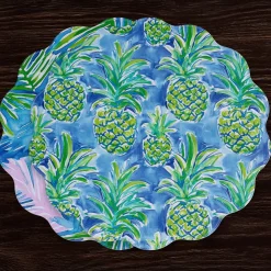 VIDA Pineapples & Palms Reversible Round Placemats Set of 4 (Blue & Gr