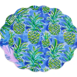 VIDA Pineapples & Palms Reversible Round Placemats Set of 4 (Blue & Gr