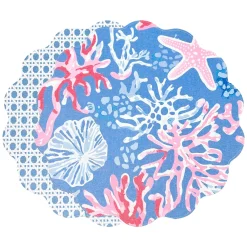 VIDA Sealife and Rattan Reversible Round Placemats Set of 4 Blue & Pin