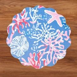 VIDA Sealife and Rattan Reversible Round Placemats Set of 4 Blue & Pin