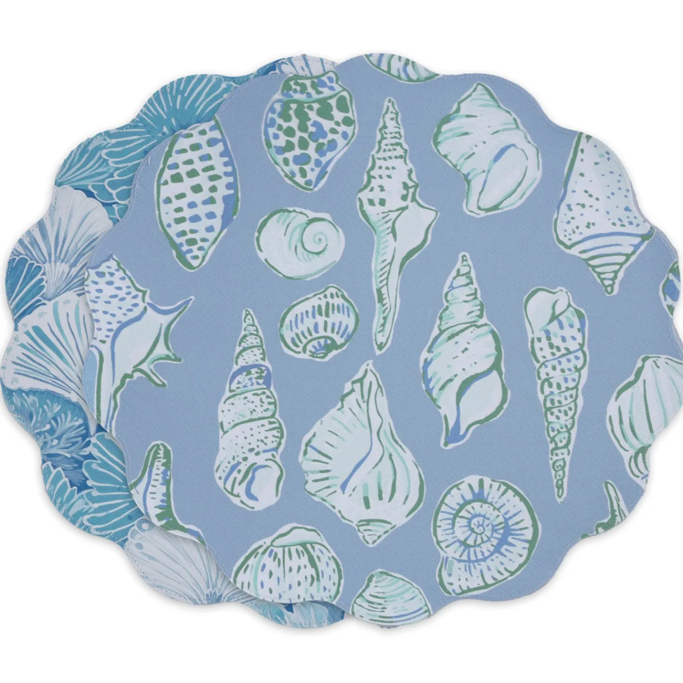VIDA Shells & Scallops Reversible Round Placemats Set of 4 (Blue & Whi