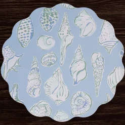 VIDA Shells & Scallops Reversible Round Placemats Set of 4 (Blue & Whi